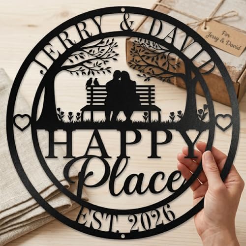 Personalized Happy Place Metal Sign, Custom Anniversary Wedding Gift for Couples, Metal Couple Sign with Names and EST Year, Metal Wall Decor for Home Porch Living Room Bedroom, Housewarming Gifts New Home - Image 2