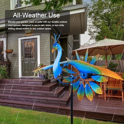 hogardeck Wind Spinner Outdoor, 60" Metal Peacock Wind Spinner with Heavy-Duty Stakes, Multi-Color 360° Rotating Wind Sculpture Kinetic Yard Art for Home Outside Garden Lawn Backyard Patio Decor - Image 6