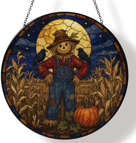 Night Scarecrow Crows Stained Glass Suncatcher 9.8" Colorful Window Hanging Ornament, Retro Sun Catcher Decor with Chain for Home Wall Garden Birthday Christmas Mothers Day by FeHuew