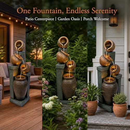 Outdoor Water Fountain with LED Lights, 34.84" Tiered Bowl Cascading Water Feature, Resin Garden Fountain for Patio, Backyard, Balcony, Porch, Deck, Housewarming Gift - Image 3