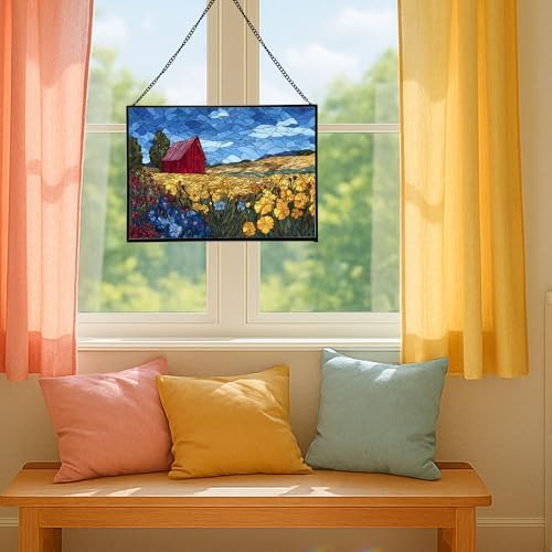 Barn Surrounded by Summer Wildflowers Rectangular Stained Glass Suncatcher – Hanging Window Panel with Animal & Nature Scene – Vibrant Glass Art Gift for Wildlife, Fantasy, Nature Lovers 5PBAyy - Image 5