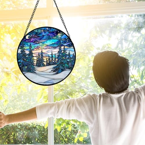 Aurora Winter Forest Stained Glass Window Hanging Suncatcher Gifts 12" - Image 4