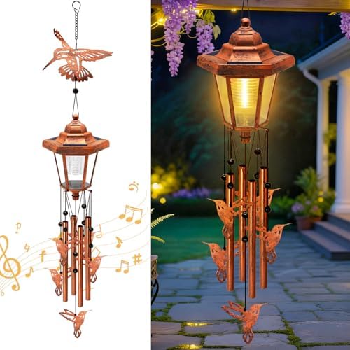 Large Solar Hummingbird Wind Chimes, Gifts for Women Mom Grandma Wife Sister Daughter Neighbor, Classic Bronze Wind Chimes with Wind Catcher, Solar Decor Lights for Outdoor Garden Patio Porch Window by yulloyello