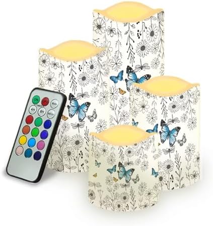 Butterfly Floral Flameless Candles with Remote Timer Battery Powered LED Candles Color Changing Pillar Electric Fake Candles Bulk for Indoor Outdoor Home Table Decoration Set of 4 by Uorisanigo