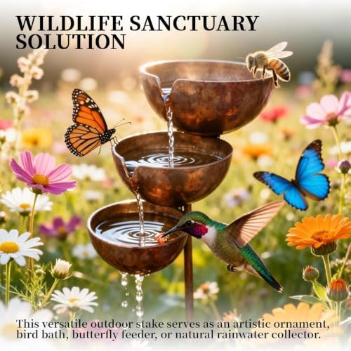 Rain CatcherBird Bath, Antique Bronze Metal Water Bowls Bird Bath and Bee Watering Station, Decorative Flower Bed Rainwater Collector for Outdoor Yard Art Decor (Light Copper 2pcs) - Image 6