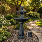 XBrand 44" H Gray Fiberglass/Resin 2-Tier Solar Water Fountain w/Solar Panel and Auto-Shut Off Pump, Solar Garden Fountain, Tall Outdoor Fountain, Two Tiered Birdbath Fountain - Image 2