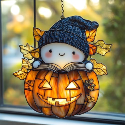 Cute Ghost Reading Books Acrylic Suncatcher by AVAGAN