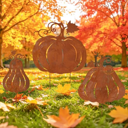 WATINC Thanksgiving Metal Yard Stakes - 3pcs Fall Rustic Pumpkin Decoration by WATINC