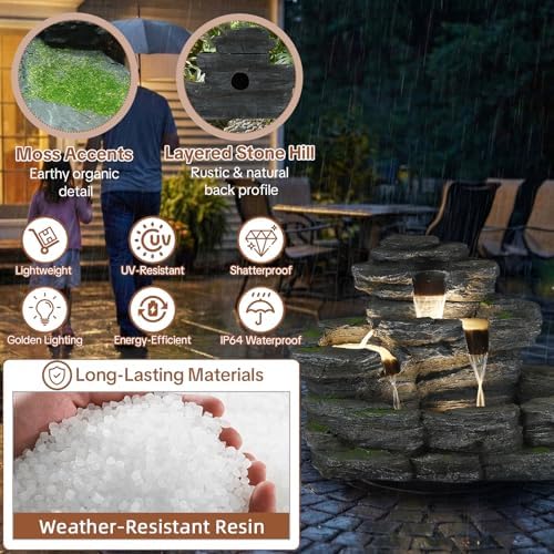 HOMEDIARY 4-Tier Outdoor Water Fountain, 29.7" L Rustic Rock Waterfall Fountain with LED Lights, Stone Texture Floor-Standing Resin Water Feature with Realistic Moss Accents for Patio, Porch & Indoor - Image 6