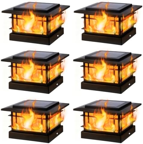 Dynaming 4x4 Solar Post Cap Lights Outdoor with Flickering Flame Light, 6 Pack Black Shell Fence Post Solar Lights Fit 4x4 Vinyl/Wooden Posts, Brightness LED Lighting Decor for Garden Deck Patio by Dynaming