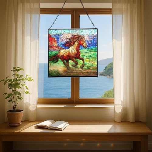 Brown Mustangs Horse cantering Through Open Canyon Floor Square Suncatcher – Stained Glass Style Window Panel with Pastoral Scene, Custom Decorative Hanging Art for Equestrian Home, Christmas hKBZvO - Image 6