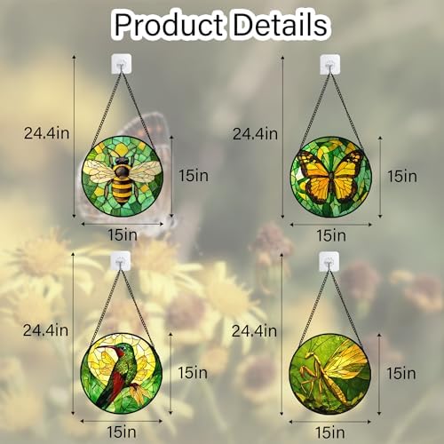 DASTOLL Stained Glass Window Hanging 4 Pcs Set Green Plants Yellow Insect Theme 6.3" - Suncatcher Door Garden Sun Catcher Decor Birthday Christmas for Mom Woman Nana Men - Image 6