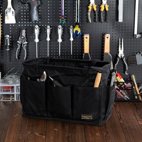 Tool Pouch, Heavy Duty 16oz Waxed Canvas Tool Bag, Rectangle Foldable Open Top Tool Bags with Handles, 10 Pockets | 15.5 x 7.5 x 10.5 Inches - Image 4