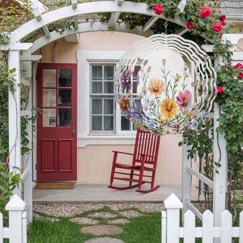Wind Spinners for Yard Garden, Country Flower Leaf Watercolor Plant 3D Stainless Steel Round Hanging Spinners Indoor Outdoor Kinetic Yard Art,12 Inch, Wildflower Floral - Image 3