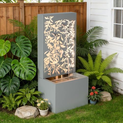30.7" Outdoor Wall Fountain, Leaf Cutout Waterfall Fountain with LED Lights, Garden Wall Decor for Patio, Light Grey - Image 4