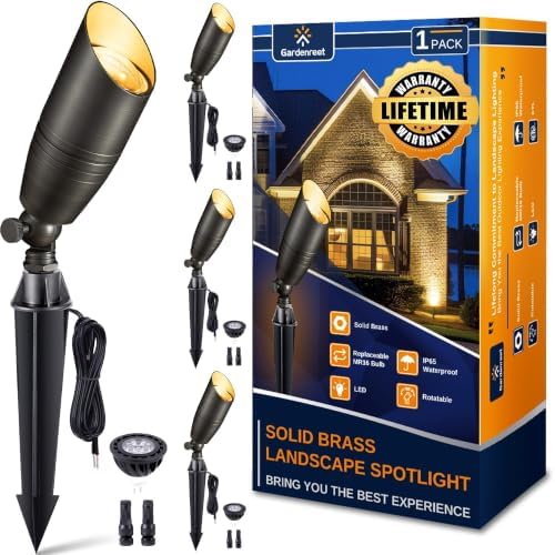 Gardenreet Brass Landscape Lighting - Low Voltage Spotlights Outdoor LED, 12V Wired Uplights, Waterproof Spot Lights, Antique Bronze for Outside Trees with 5W 2700K Warm White MR16 Bulb (4 Pack) by Gardenreet