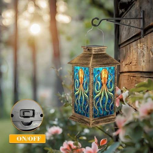 Solar Lantern Outdoor Waterproof Stained Glass Octopus Vibrant Blue Orange Tones Garden Decor LED Hanging Solar Lights Tabletop Lamp Gifts for Women Mom Outside Yard Patio Porch - Image 5