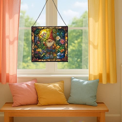 Midsummer Gnome Garden Stained Glass Suncatcher – Square Hanging Window Panel for Home or Greenhouse – Whimsical Glass Art Gift for Garden Lovers, Christmas, Halloween, Father Days P6KAqe - Image 5