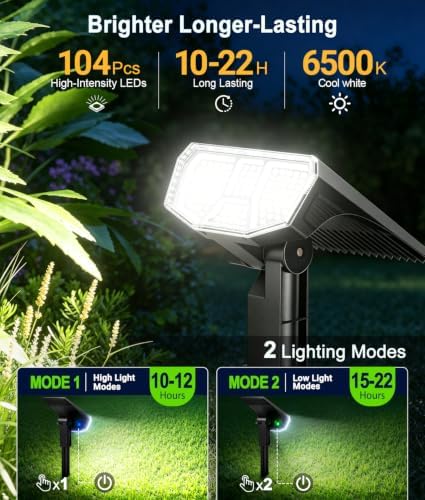 LETMY 6 Pack Solar Spot Lights Outdoor, 104 LED Solar Spotlights, IP65 Waterproof Solar Powered Outdoor Lights, Auto On/Off, Solar Lights Outdoor for Yard, Garden, Patio, Wall, Tree & Flag, Cool White - Image 2