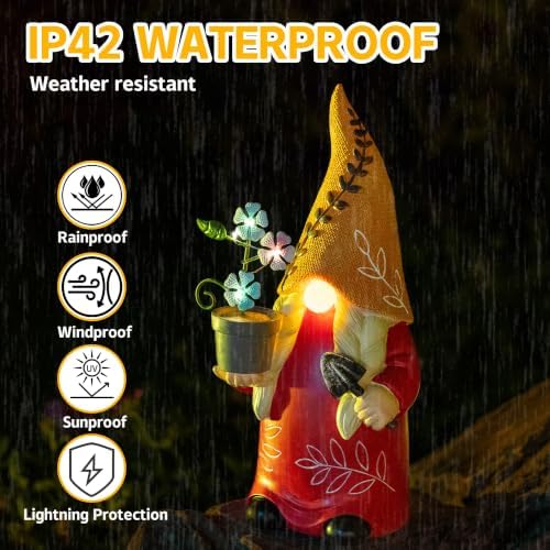 12 Inch Solar Garden Gnome Statue with Planter - Orange Hat Outdoor Gnome Decor with Warm LED, Weatherproof Resin for Yard Patio Lawn - Unique Solar Garden Decor Gifts for Mom Grandma Women - Image 6