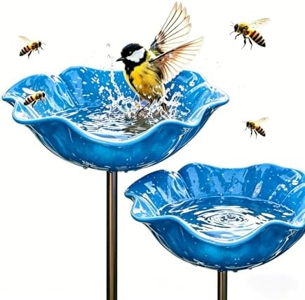 Handmade Metal Flower Garden Stake Bird Bath Bee Butterfly Pollinator Watering Station Hummingbird Bowl Outdoor Decor Resistant Resin LawnYard Planter (5, Blue) by Unknown