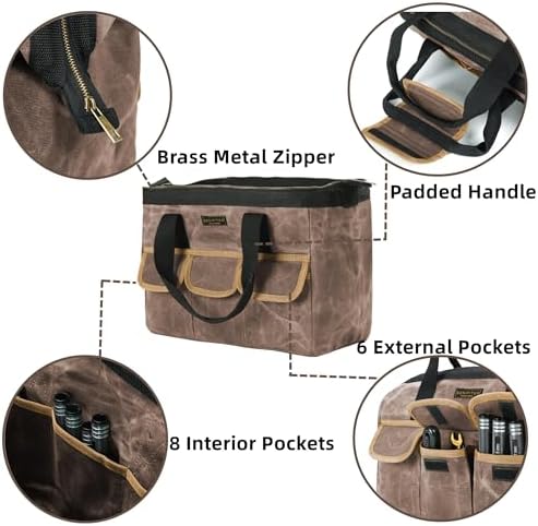Tool Bag, Durable 16oz Waxed Canvas Wide Mouth Water-Resistant Electrician Tool Bag, Tool Tote with Handle for Tools, Wrenches, Screwdrivers (15 X 7.8 X 11.5 Inch) | Grey - Image 3