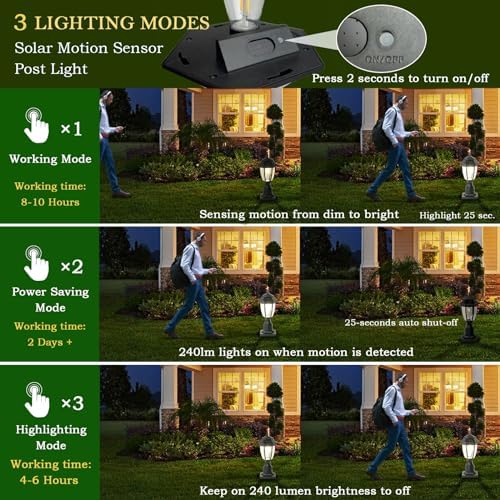 Solar Post Lamp Lights, Dusk to Dawn Post Light with Pier Mount Base, Outdoor Waterproof Solar Motion Sensor Lights for Garden Yard Landscape Pole Pillar - Image 3