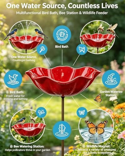 Handmade Metal Flower Garden Stakes Bird Bath, Bee Watering Station Butterfly Feeder with Colorful Flower Design Pollinator Hummingbird Water Bowl Puddler with Stand for Outdoor Yard Decor(Set 5) - Image 5