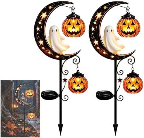 Solar Halloween Black Cat & Pumpkin Moon Garden Stake Light,2-in-1 Waterproof Outdoor LED Yard Decor with Hanging Lantern,Auto Dusk-to-Dawn Lawn Ornament for Pathway,Patio, Walkway (Black-E-2PCS) by HZSprance