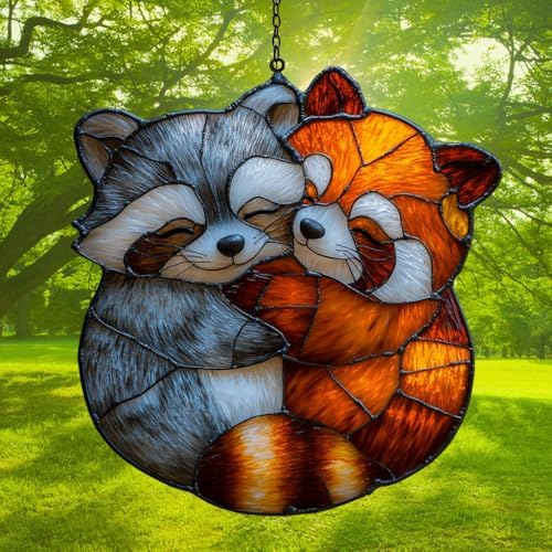 Lovely Hugging Racoon and Red Panda Acrylic Suncatcher - Image 3