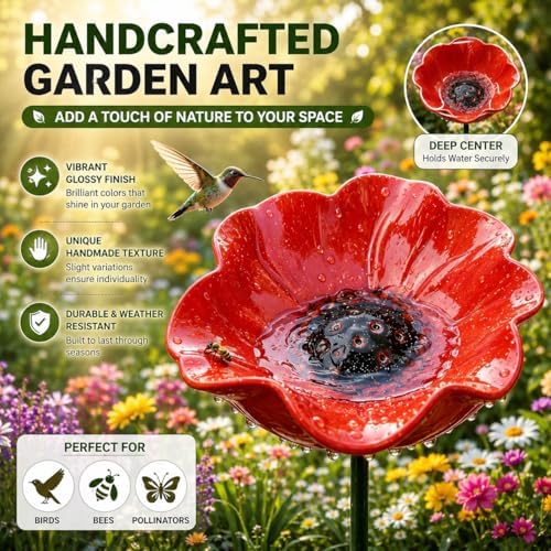 Metal Flower Garden Stakes, Mini Bird Bath and Bee Watering Station with Detachable Copper-Tone Stake, Shallow Alloy Flower Bowl for Garden Yard Patio Butterfly Puddler Decor Gift (Green, 3 Pcs) - Image 3