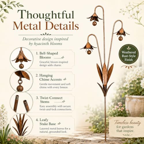 Metal Bluebell Garden Stake with Bells, Triple Flower Wind Chime Outdoor Yard Art, Decorative Stake for Patio Lawn Pathway Flower Bed Planter, Rustic Decor 1pcs - Image 4