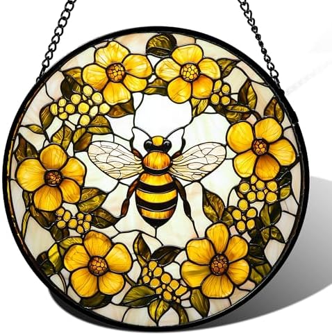 Bee Wreath Stained Glass Window Hanging Suncatcher Gifts for Women 12" by amderven