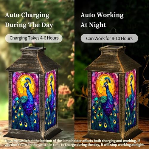 Solar Lantern Peacock Stained Glass Vibrant Blue Feathers Golden Mosaic Halo Outdoor Waterproof Hanging Solar Light Outside Lights for Patio Yard House Lawn Decor Birthday Gifts for Women Mom - Image 4