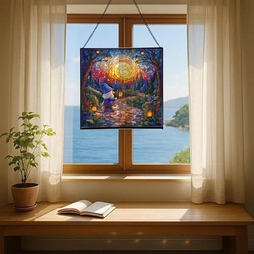 Garden Lantern Path Gnome Stained Glass Suncatcher – Square Hanging Window Panel for Home or Greenhouse – Whimsical Glass Art Gift for Garden Lovers, Christmas, Halloween, Father Days dSeHnz - Image 6