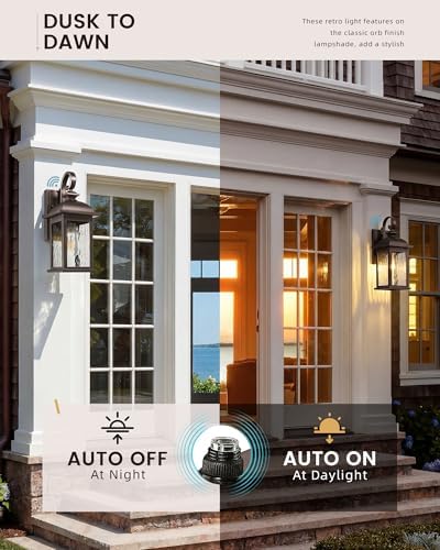 FEMILA Dusk to Dawn Outdoor Wall Sconces, 15" ORB Front Porch Light Fixtures Wall Mount, Exterior Light for Patio, Entryway, Garden, Water Ripple Glass, UL Listed, 4FD54B-PC ORB-WP - Image 2