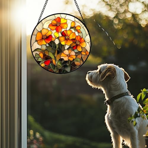 Orange Calendula Flower Stained Glass Window Hanging Suncatcher Gifts 15" - Image 2