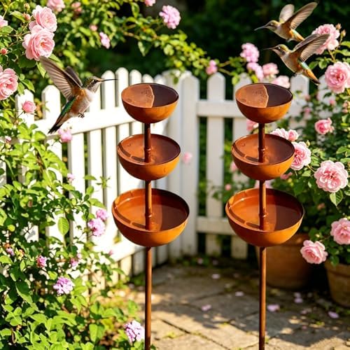 3 Tier Rusted Metal Rain Catcher Stake, Rustic Stacked Bowls Rain Gauge Garden Decor, Vintage Outdoor Yard Art for Lawn Patio Backyard (2) by Unknown