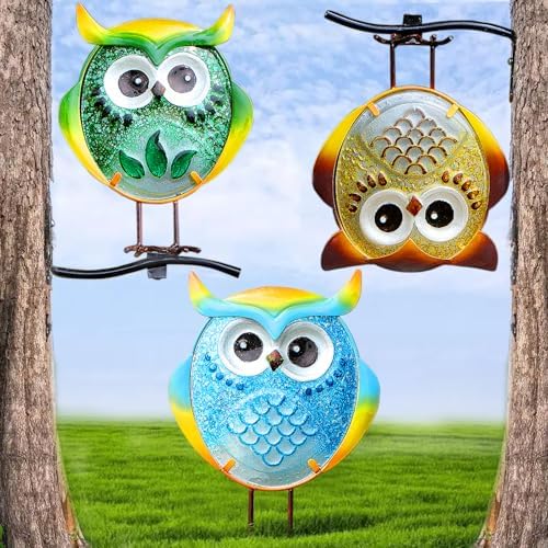 Owl Garden Decor Set of 3 Metal Glass Stand Tree Hugger Fence Outdoor Stake by LEGIFOGardenDecor