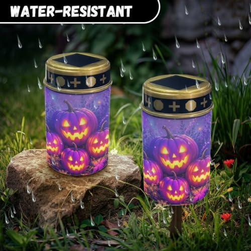 Poceacles Halloween Solar Candle Cemetery Solar Lights for Grave LED Garden Flameless Powered Pathway Lights Outdoor Waterproof with Dusk to Dawn Sensor, Pumpkin Violet, Set of 4 - Image 6