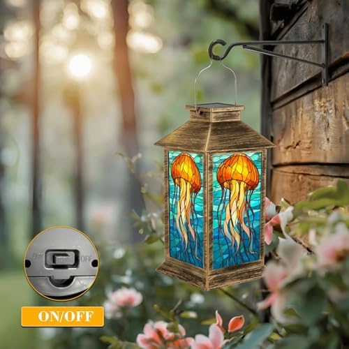 Solar Lantern Outdoor Waterproof Stained Glass Jellyfish Vibrant Orange Blue Tones Garden Decor LED Hanging Solar Lights Tabletop Lamp Gifts for Women Mom Outside Yard Patio Porch - Image 5
