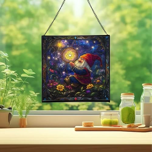 Gnome with Dreamcatcher Stained Glass Suncatcher – Square Hanging Window Panel for Home or Greenhouse – Whimsical Glass Art Gift for Garden Lovers, Christmas, Halloween, Father Days vrZDDK - Image 2