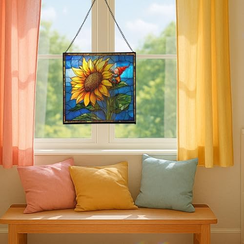 Sunflower Climb Gnome Stained Glass Suncatcher – Square Hanging Window Panel for Home or Greenhouse – Whimsical Glass Art Gift for Garden Lovers, Christmas, Halloween, Father Days 6Bzlqz - Image 5