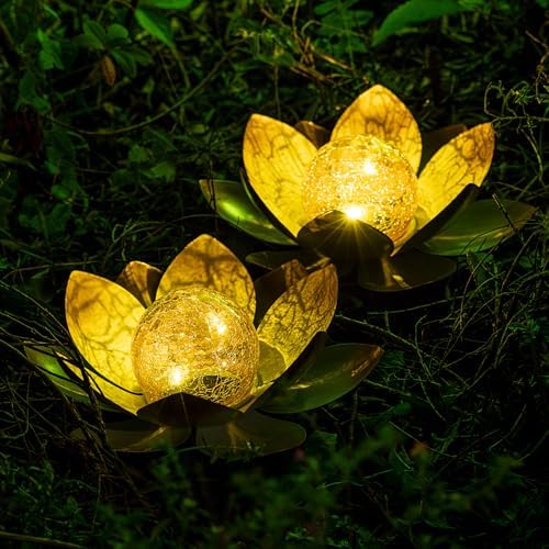 AIINY Garden Solar Lights Outdoor(2Pack), Amber Crackle Globe Glass Lotus Decoration, Waterproof Orange Metal LED Flower Lights for Patio,Lawn,Walkway,Tabletop,Ground, Garden Gifts for Women by AIINY