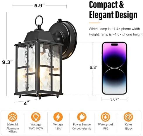 OKELI Dusk to Dawn Outdoor Wall Lights, Exterior Waterproof Lantern, Front Porch Sconce Lighting with Water Ripple Glass Shade, Anti-Rust Wall Lamps Outside Lights for Garage (Black-SIZE-S-2pack) - Image 3