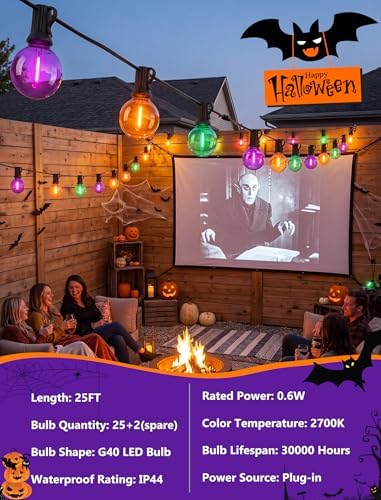 LED Outdoor String Lights 25Ft Orange Purple and Green Halloween Lights Outdoor with 27 Shatterproof LED Globe Bulbs, Connectable Halloween Decorations Lights for Home Patio Garden Christmas Party - Image 3