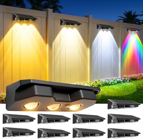 Solar Fence Lights Outdoor 10 Pack, Warm White & RGB Color Changing Fence Lights Solar Powered with Brighter LED Focus Lens, IP65 Waterproof Fence Lights Solar for Wall Deck Patio Porch Step Pool by Unknown