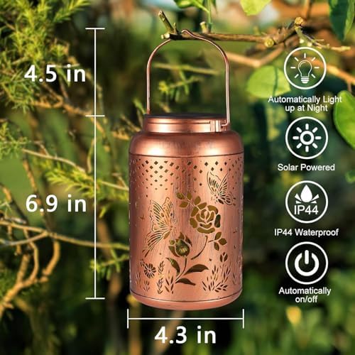 2 Pack Solar Lanterns Outdoor Waterproof, Butterfly Rose Garden Decor Birthday Gifts for Women Mom Grandma Hanging Solar Lights Metal Solar Decoration Outside for Yard, Patio, Lawn - Image 6