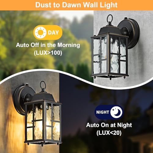 OKELI 2-Pack Dusk to Dawn Outdoor Wall Lights, Weatherproof Exterior Lighting Fixture Wall Mount, Aluminum Ripple Glass Porch Light, Anti-Rust Outside Wall Sconce for House, Garage(Black&Gold-Trim) - Image 6