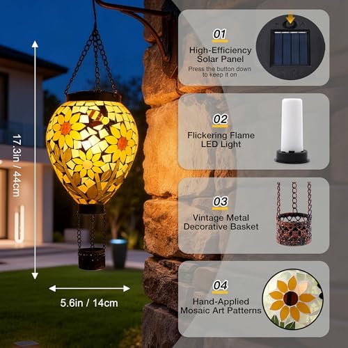 SAVENNA Mosaic Glass Hot Air Balloon Solar Lantern, Flickering Flame Effect Hanging Solar Light, Warm Yellow Sunflower Glow for Garden Patio Yard Outdoor Decor - Image 5